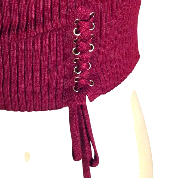 Ambience Burgundy Ribbed Crop Top Women’s M Long Sleeve Side Grommets & Ties - Picture 4 of 12